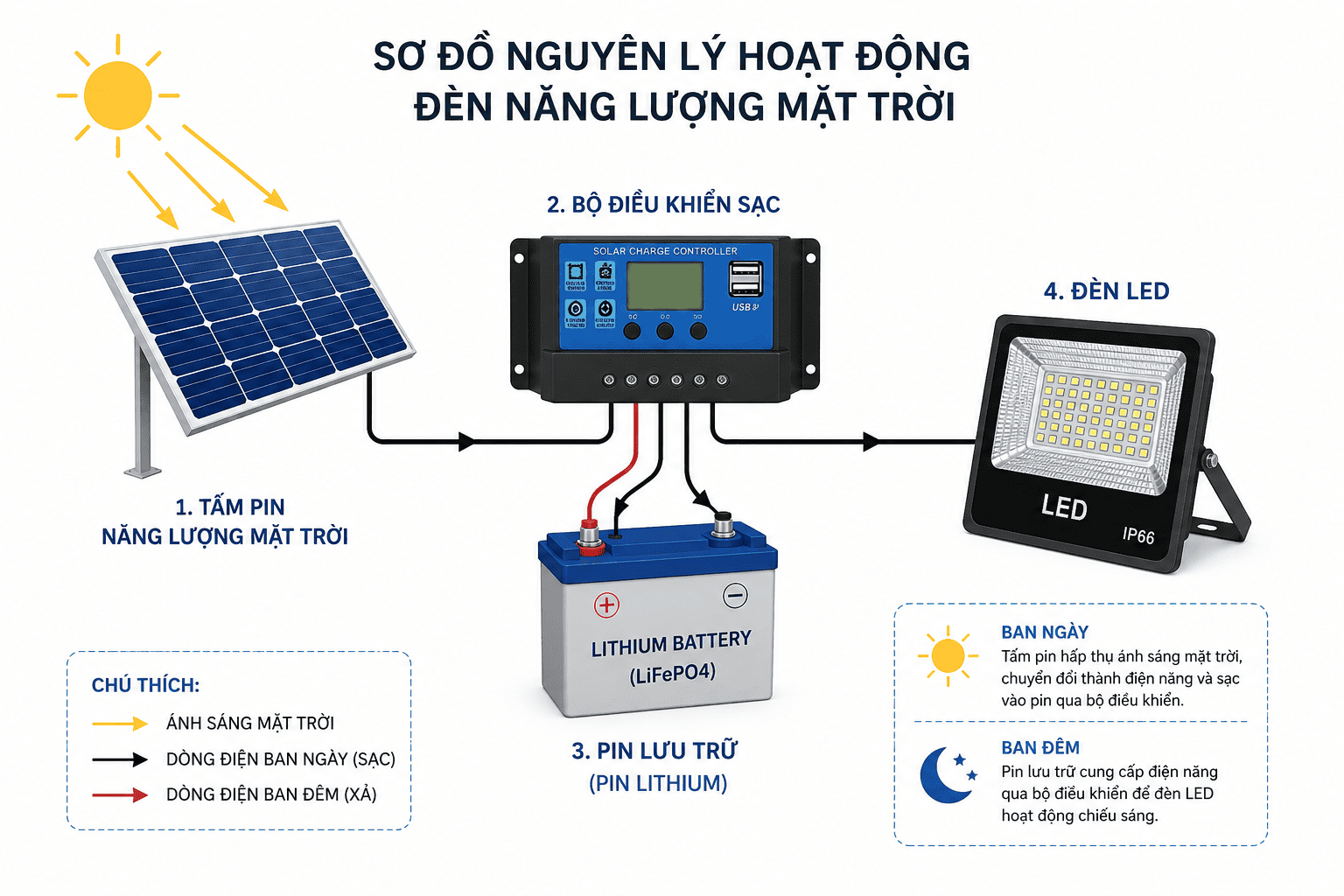 Sơ đồ nguyên lý hoạt động của đèn năng lượng mặt trời