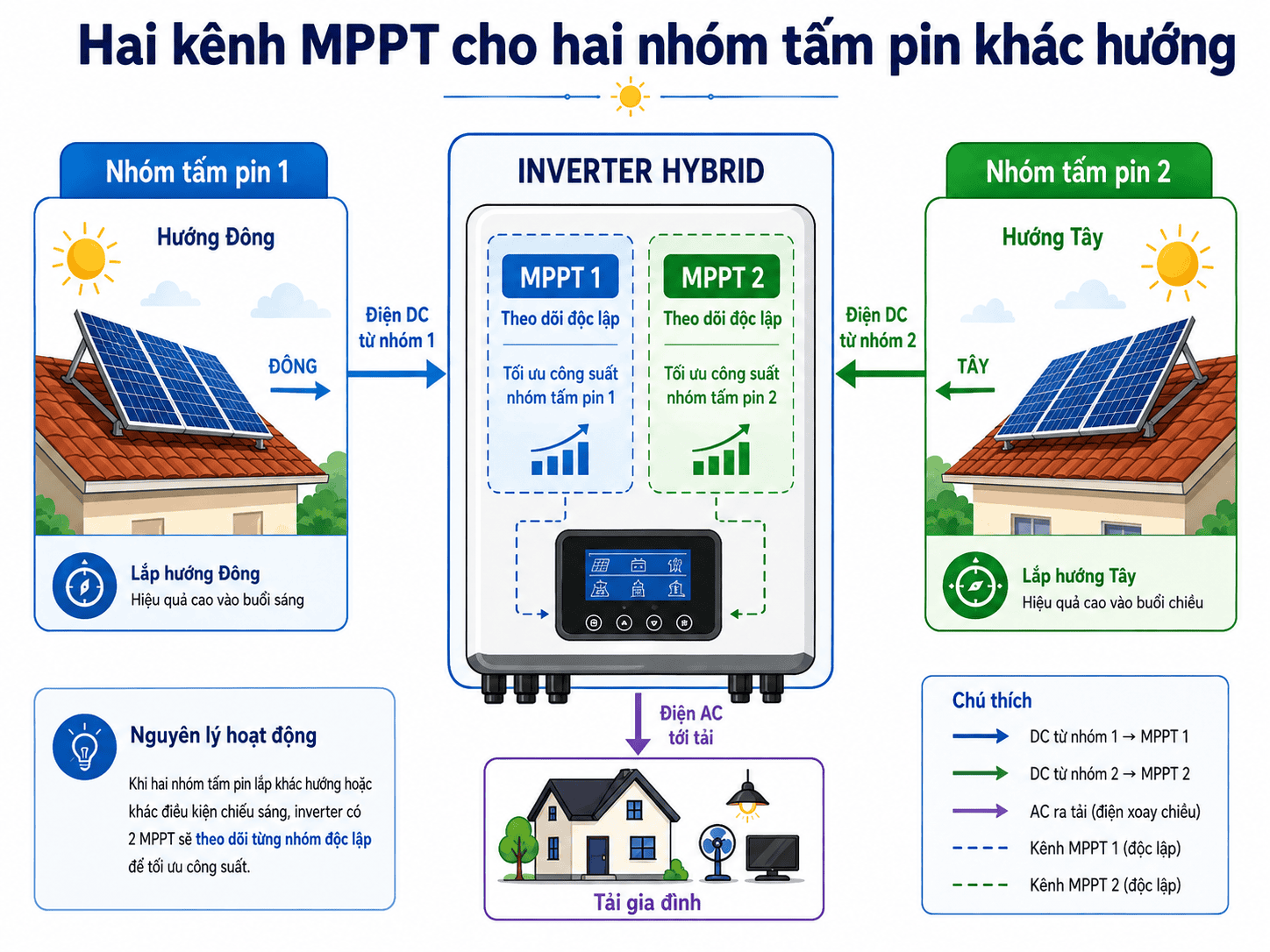 Hai kênh MPPT cho hai nhóm tấm pin khác hướng